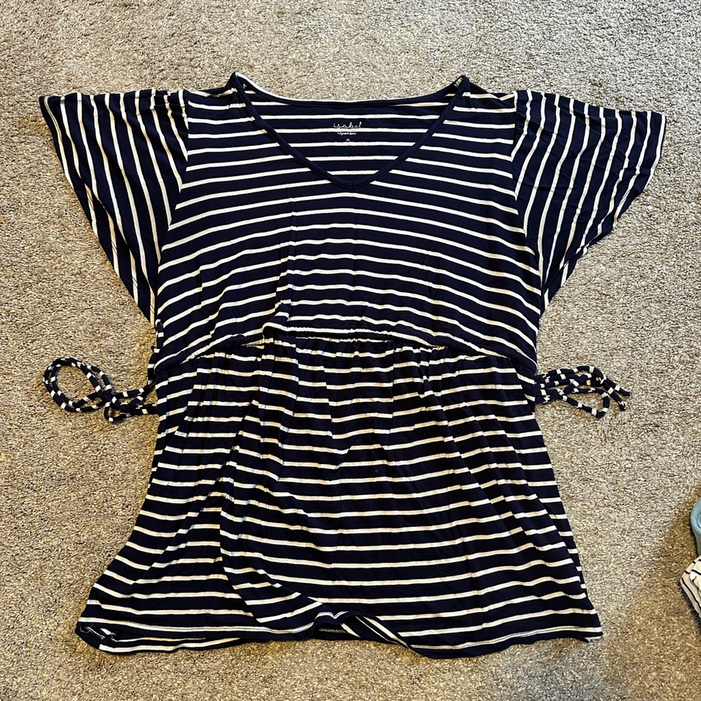 Like new maternity xl striped cotton shirt with flutter sleeves and ties onside